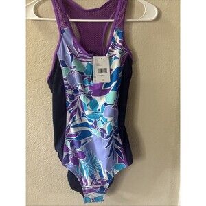 ZeroXposur Swimwear Purple & Navy Teen 14.5-16.5 Floral Racerback One Piece NWT